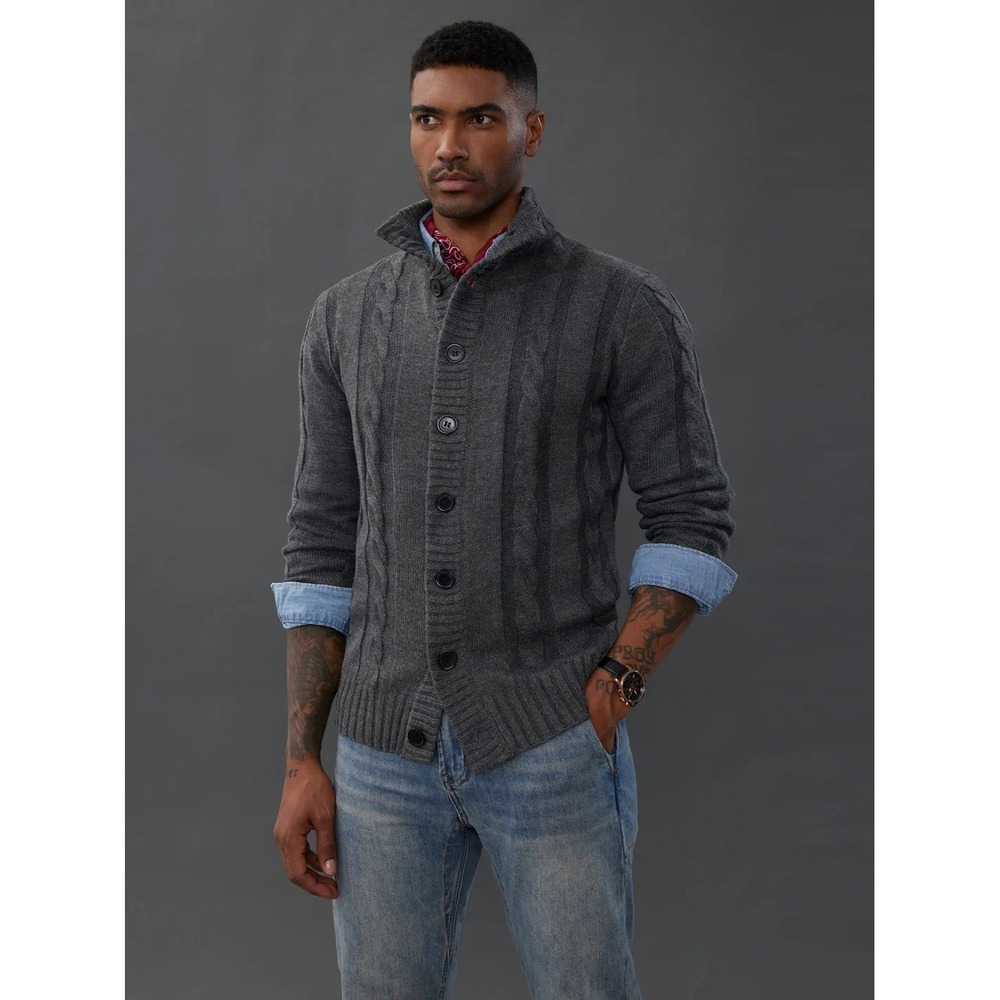 New PJ Paul Jones Men's Button Stand Collar Cable Knit Cardigan Sweater Size Med - Picture 2 of 5